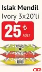 İVORY ISLAK MENDİL 3X20'Lİ fiyat ve kampanya bilgisi